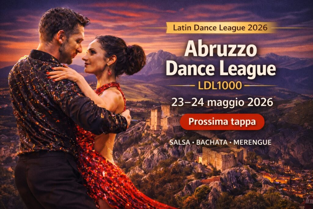 Coppia di ballerini in gara alla Abruzzo Dance League 2026 con collina sullo sfondo, tappa LDL1000 della Latin Dance League