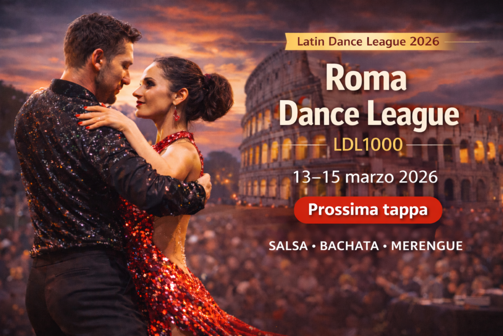 Roma Dance League 2026: coppia di ballerini in gara alla con il Colosseo sullo sfondo, tappa LDL1000 della Latin Dance League